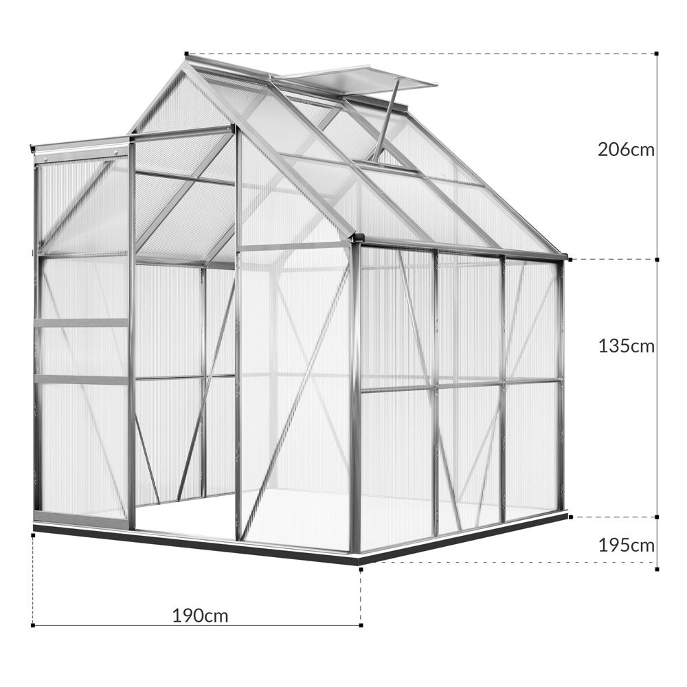 Drivhus i aluminium 3,61m²  - 190x190 cm - med fundament
