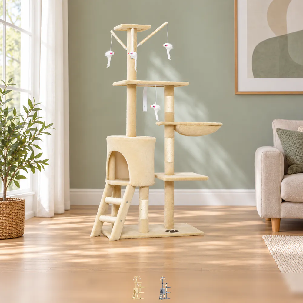 Klorestativ med kattehule 134 cm – beige eller grå