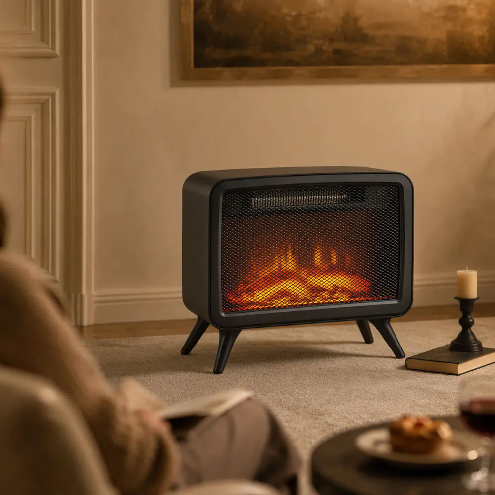 Kompakt elektrisk peis i retrodesign – sort