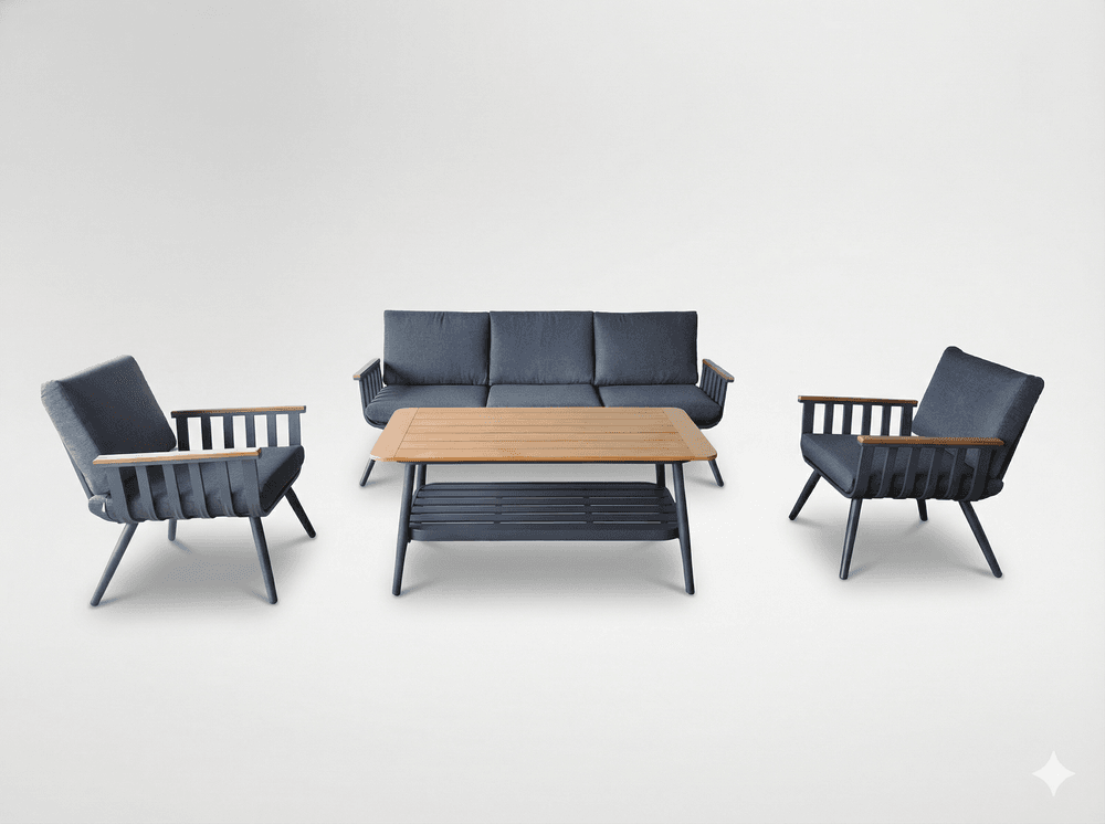 Aluminiums loungesett 4 deler – 3-seters sofa, 2 lenestoler og bord i grå