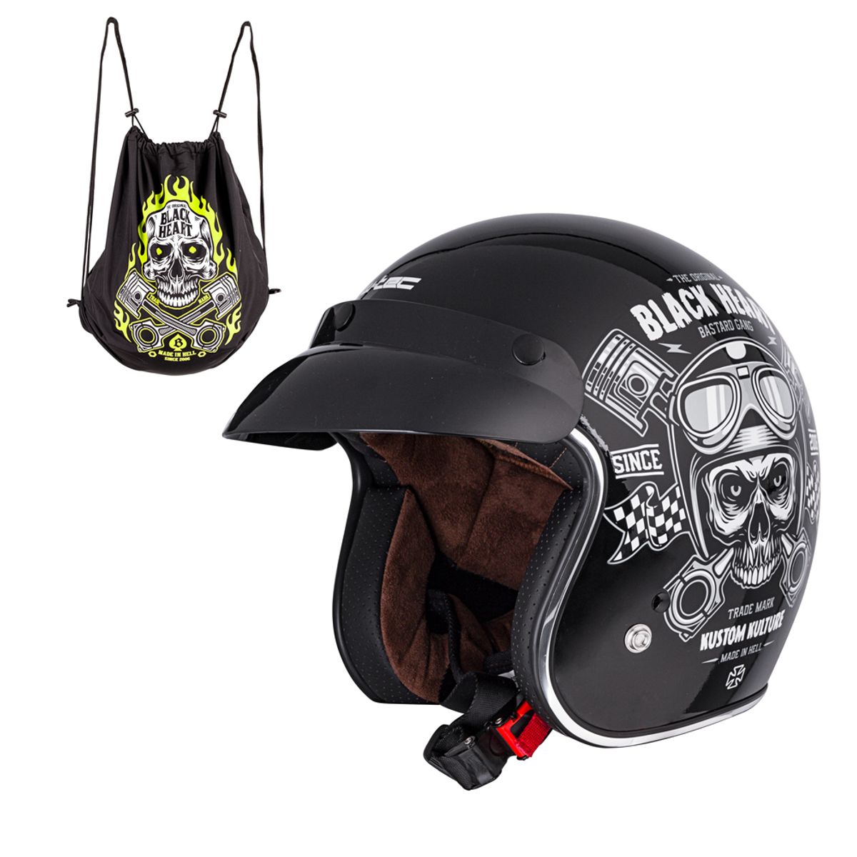 MC hjelm W-TEC Kustom Black Heart - Skull, blank sort