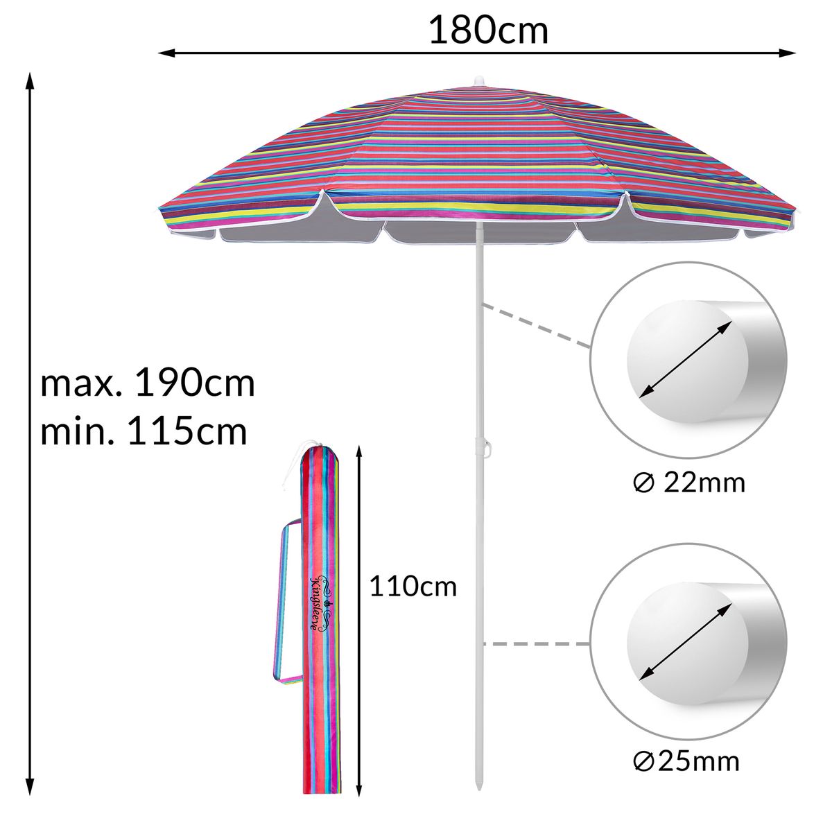 Strandparasoll KYPROS 180cm med vippefunksjon - farger