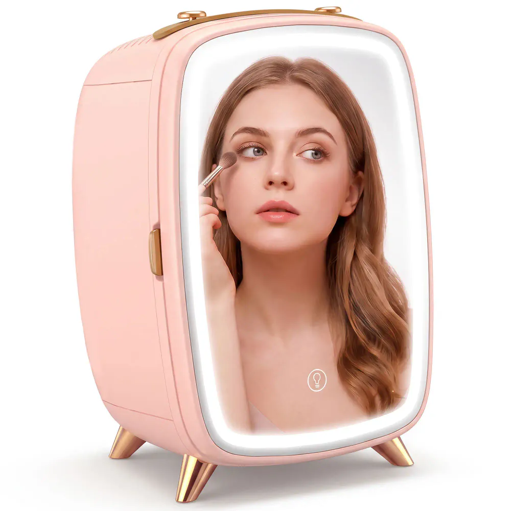 Minikjøleskap med LED-speil - 6L - rosa/hvit