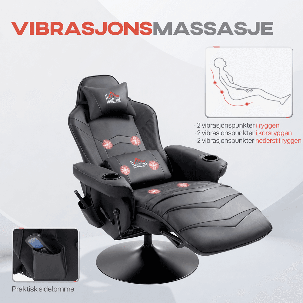 Gamingstol med massasjefunksjon, justerbar rygg og fotstøtte, opptil 120 kg, stålramme og kunstskinn 