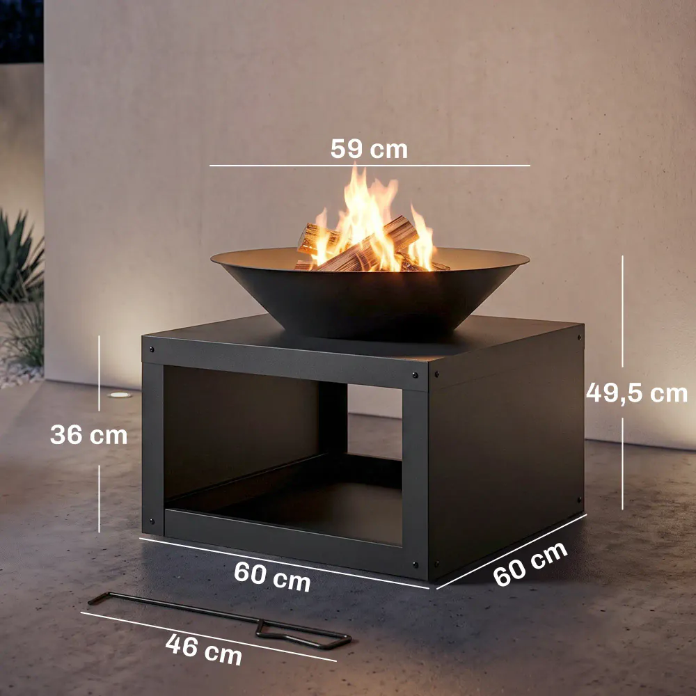 Bålpanne med vedhylle og firkantet base - svart, 60 cm