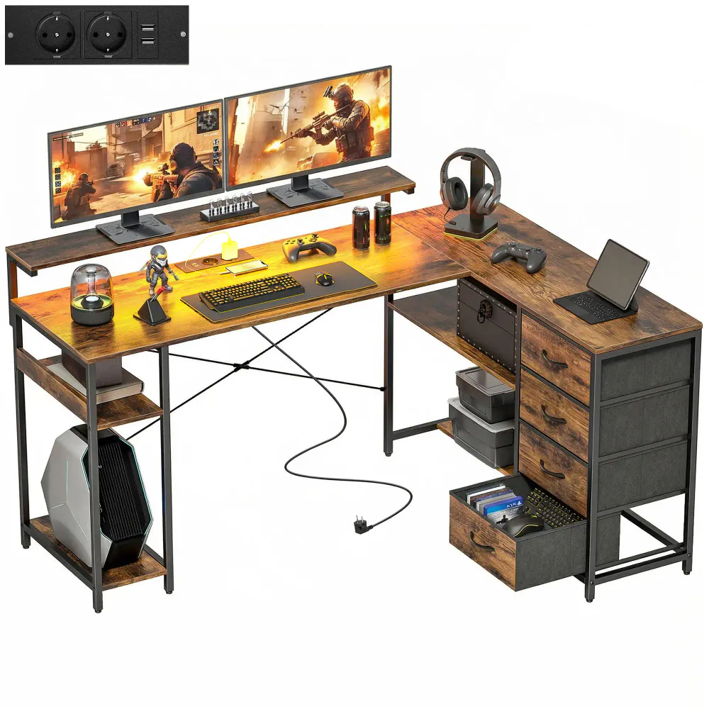 L-formet gamingbord / skrivebord med LED og skuffer