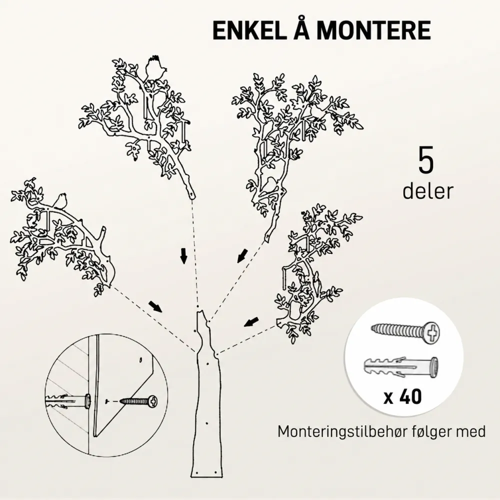 Veggknagg med tredesign og fugler - sort