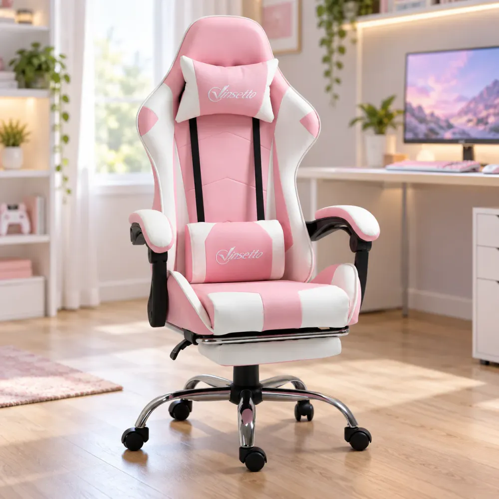 Gamingstol med fotstøtte – rosa og hvit