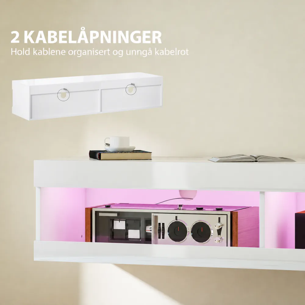Vegghengt TV-benk med LED - hvit høyglans 140 cm
