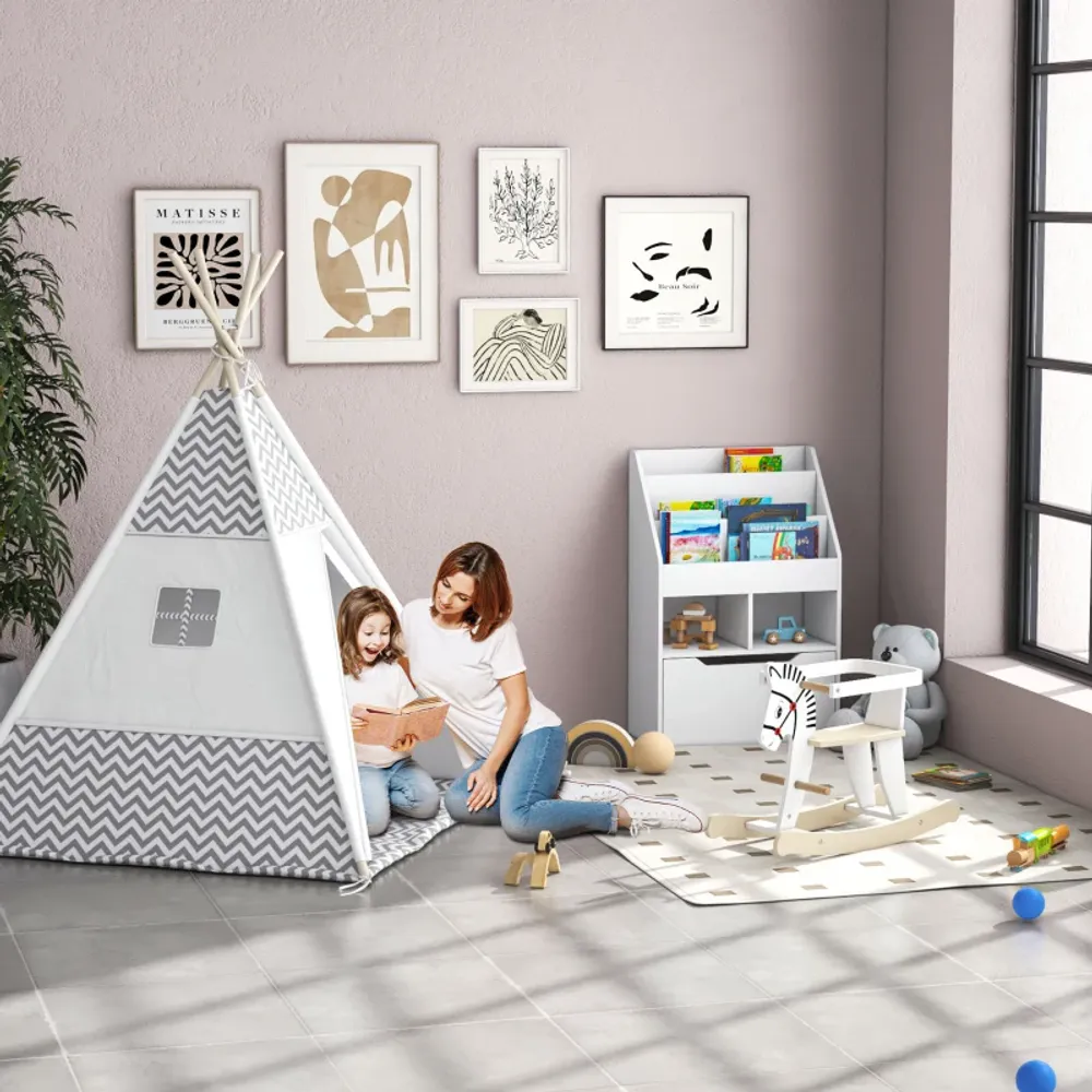 Tipi leketelt for barn – Grå/hvit med teppe