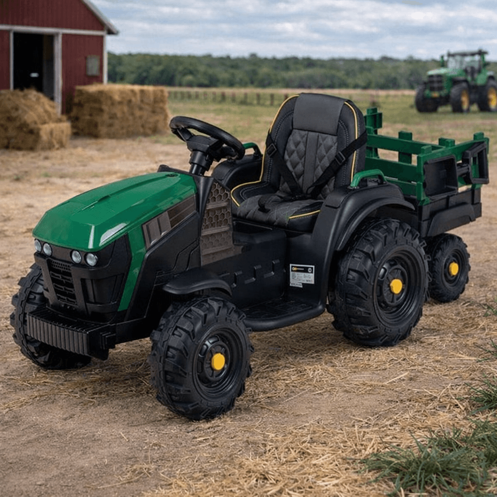 Elektrisk traktor til barn med tilhenger - Grønn