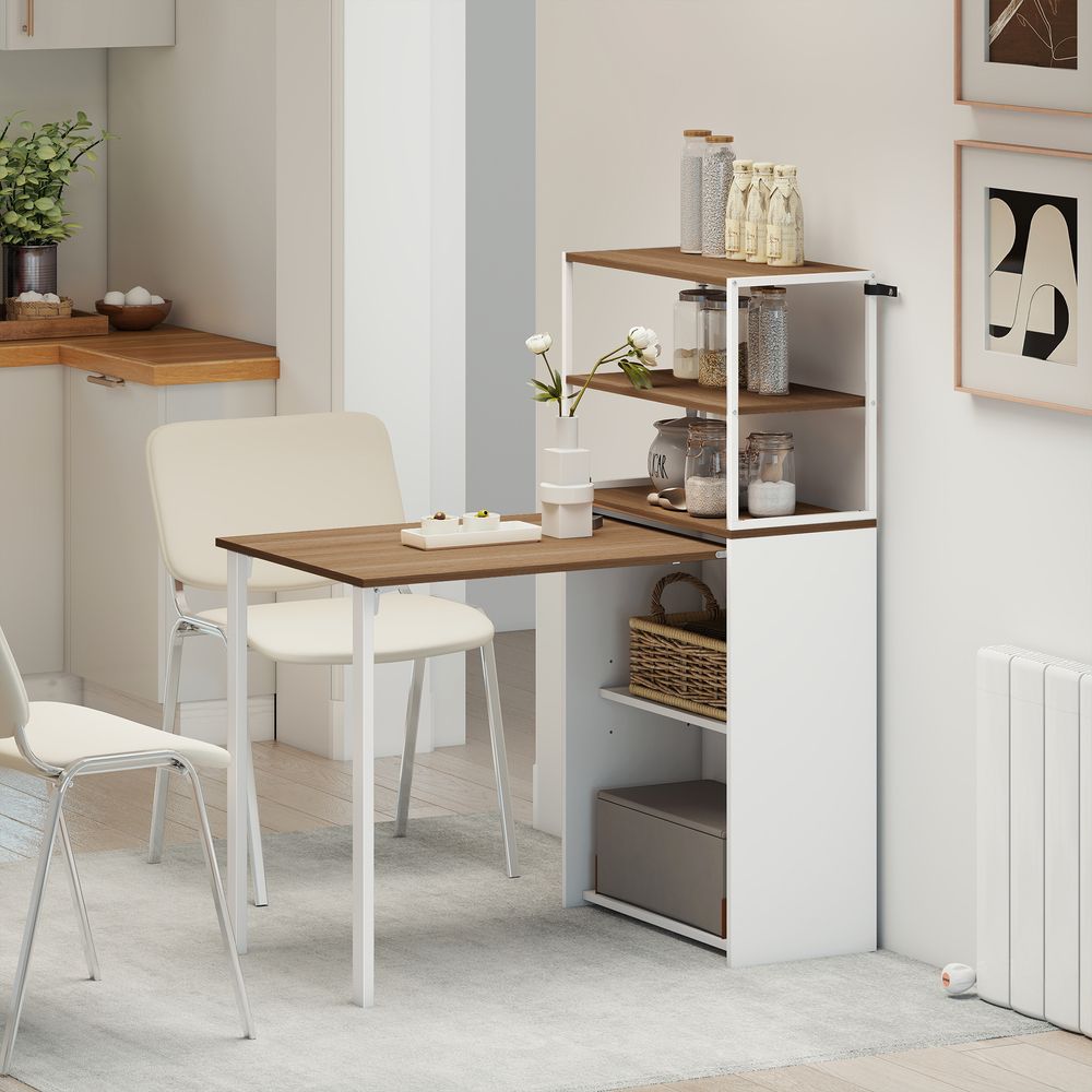 Sammenleggbart skrivebord / PC-bord med 4 hyller - naturtre og hvit