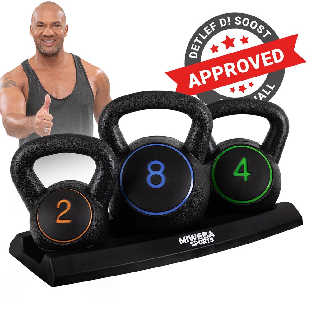 Kettlebellsett 2-4-8 kg – med stativ for inne/ute-trening