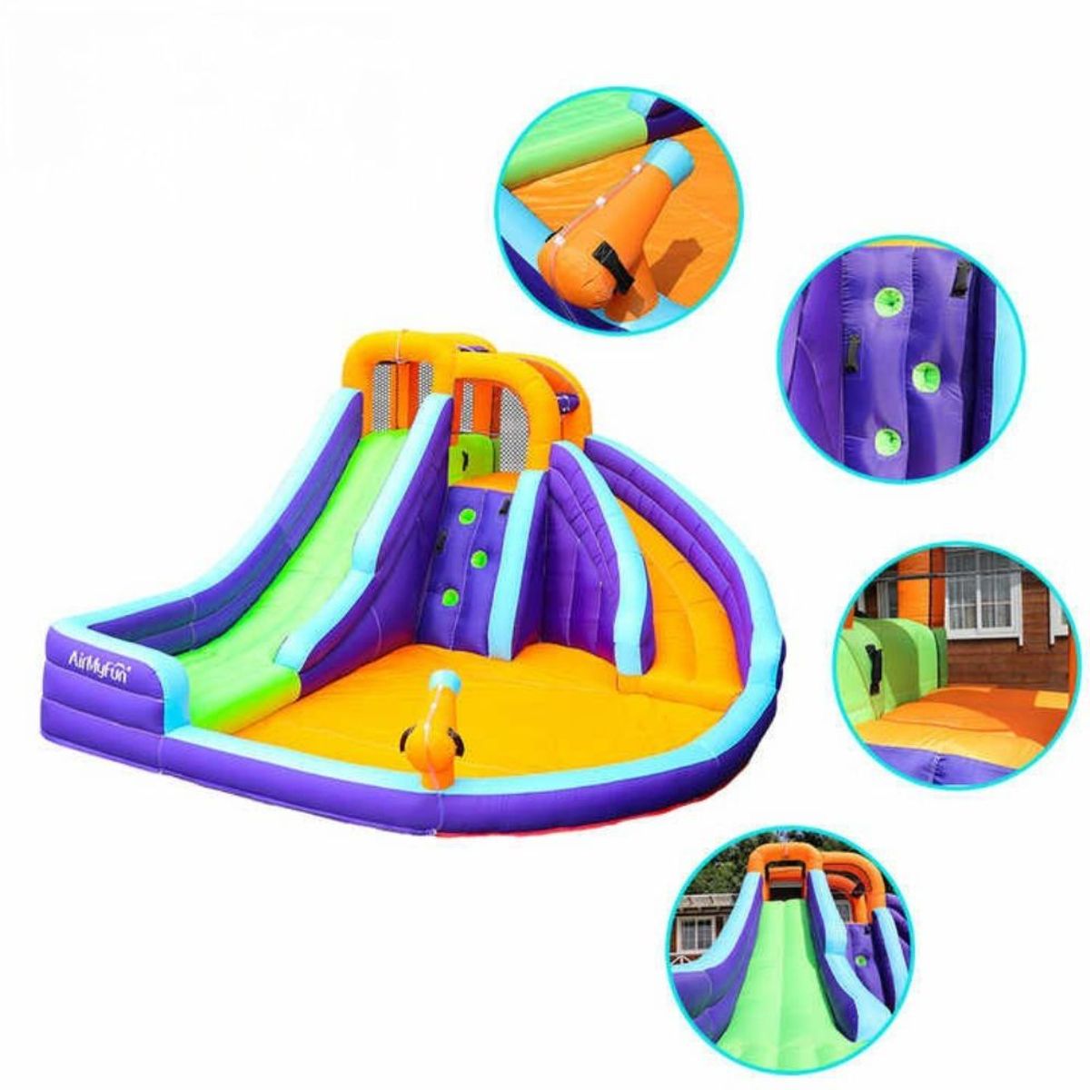 AirMyFun Double Slide 83006 Oppblåsbar Hoppeslott – Med dobbel sklie, vannlek og klatrevegg