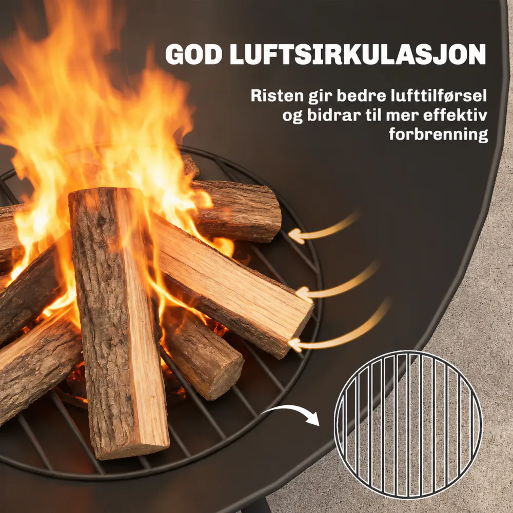 Rund bålpanne med stativ og ildrake - sort
