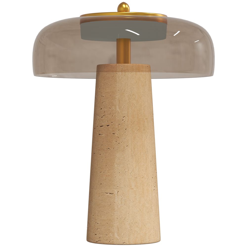 Bordlampe med travertinfot og ravfarget glass