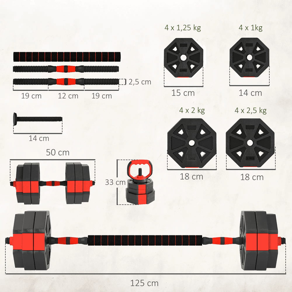 6-i-1 justerbart manualsett 30 kg med manualer og vektstang