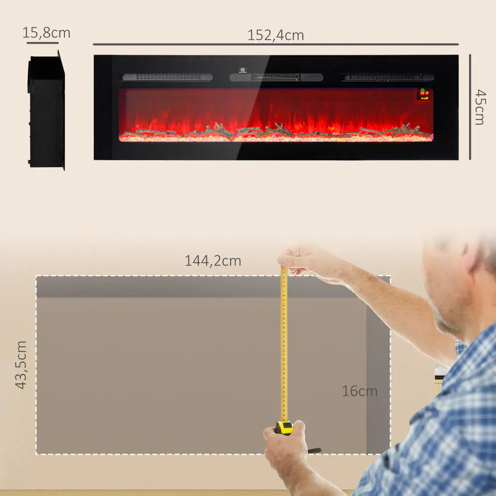 Veggmontert/innebygget elektrisk peis 1800W - 150x45 cm