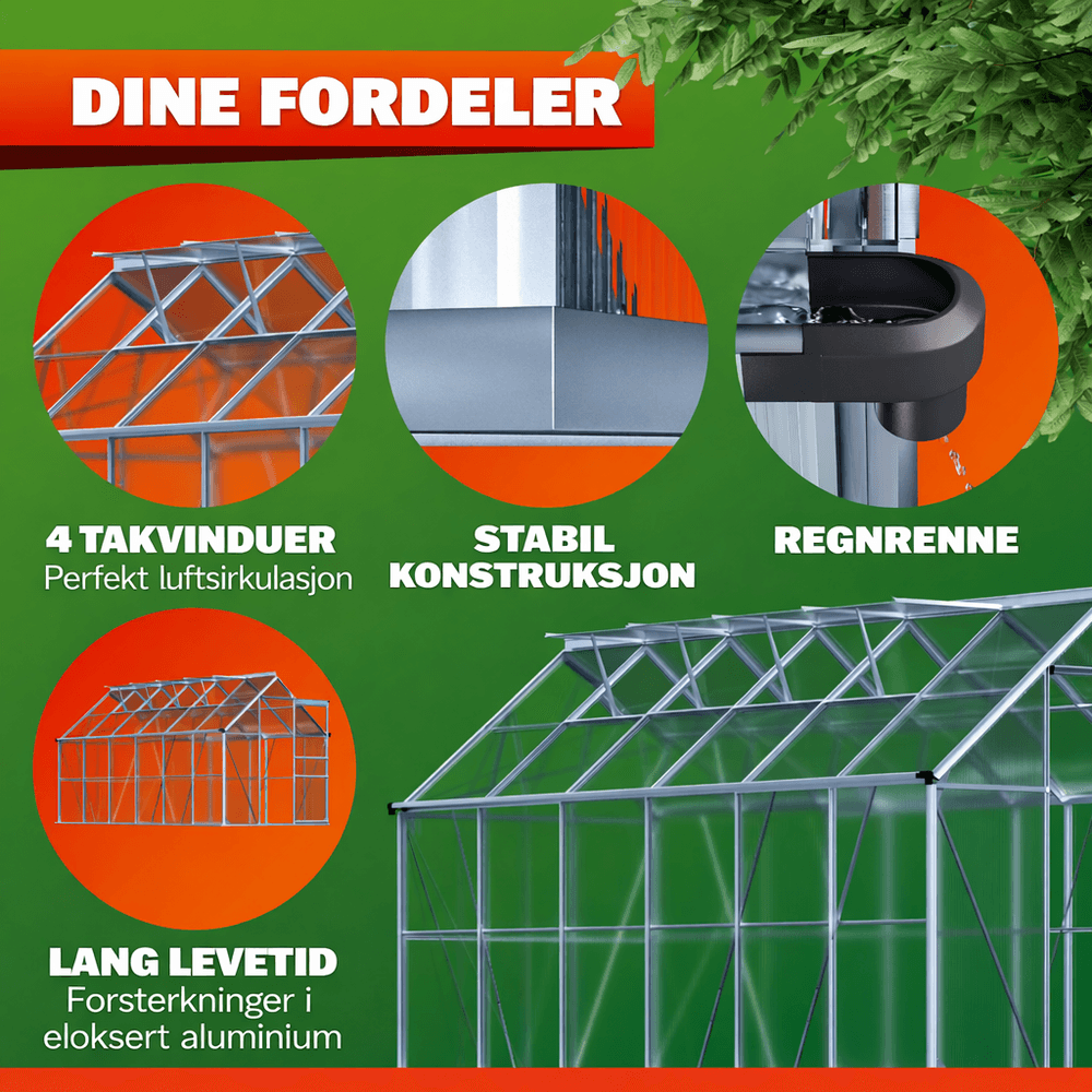 Drivhus aluminium 380x190 cm 7,22m2 med 4 vinduer