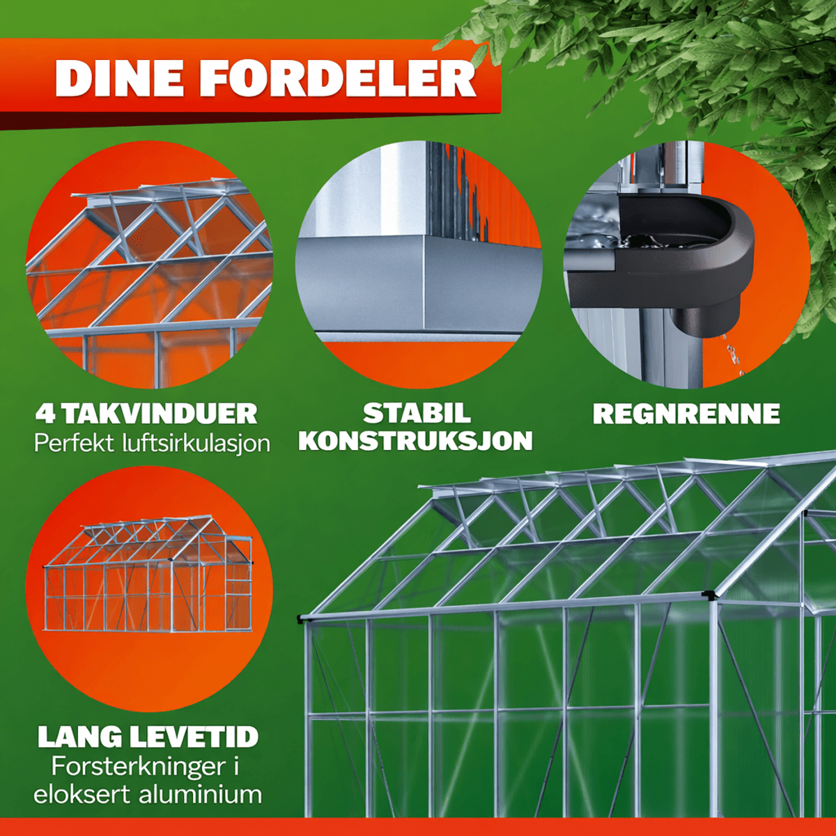 Drivhus aluminium 380x190 cm 7,22m2 med 4 vinduer