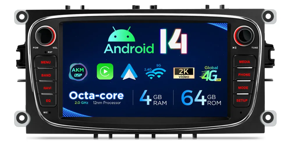 Android 14 DAB+ Bilstereo med 4G, CarPlay og DSP for Ford