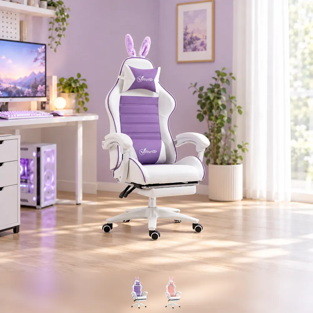 Gamingstol med kaninører og fotstøtte – rosa/lilla