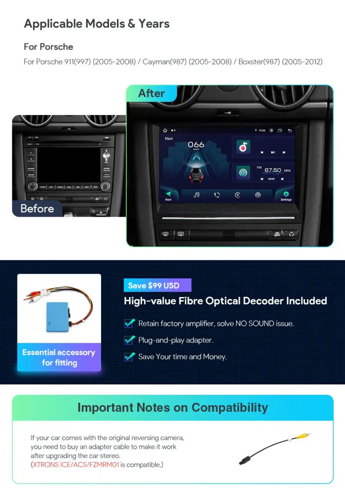 Android 13 Octa Core Bilstereo Porsche 911 | Cayman | Boxster